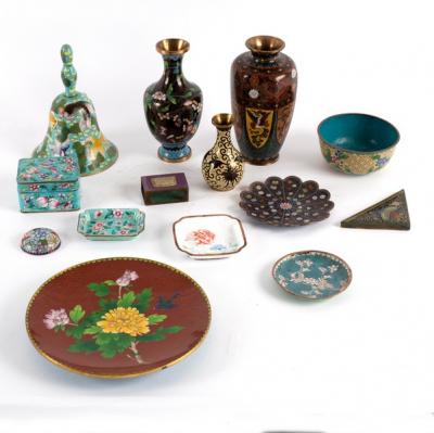 A group of cloisonné items, including