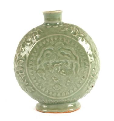 A Chinese celadon moon flask, with relief