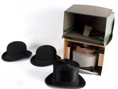 Two silk mourning hats and two bowler