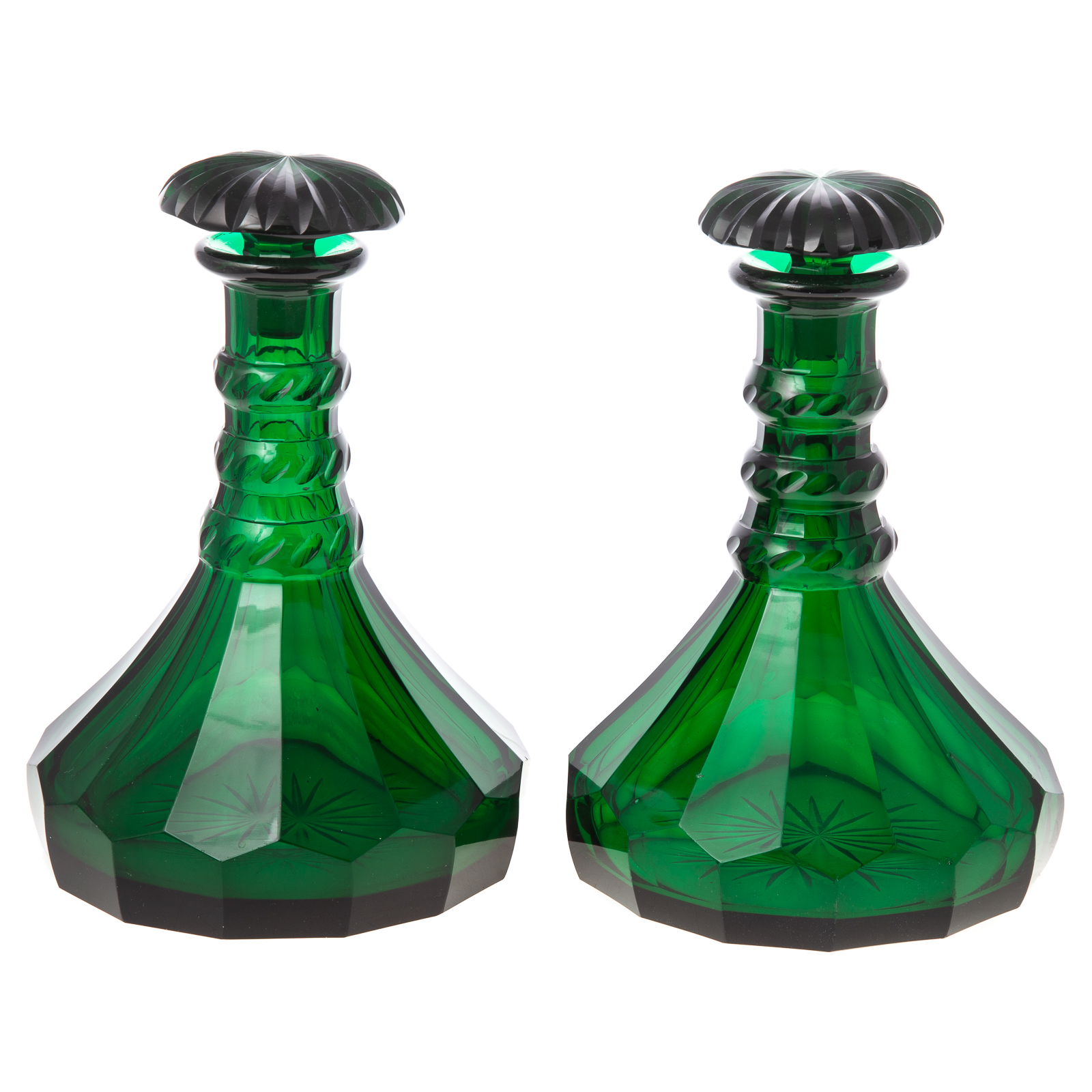 A PAIR OF EMERALD GLASS DECANTERS