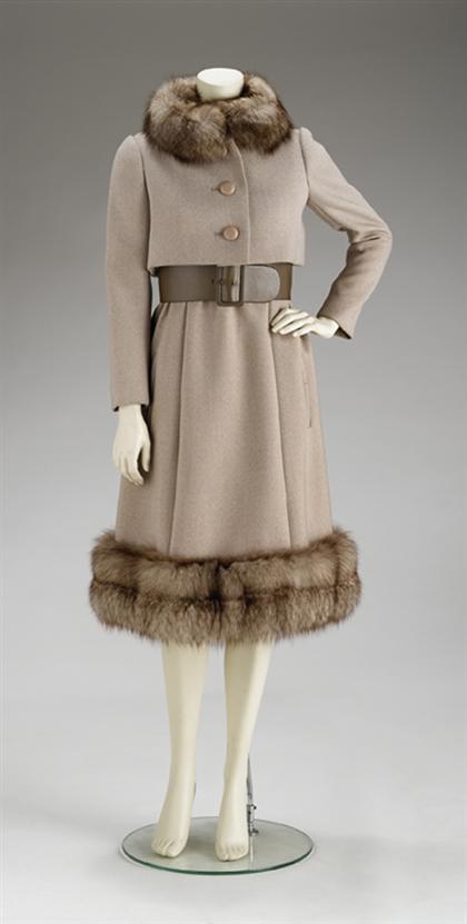 Norman Norell taupe wool fox trimmed 49787