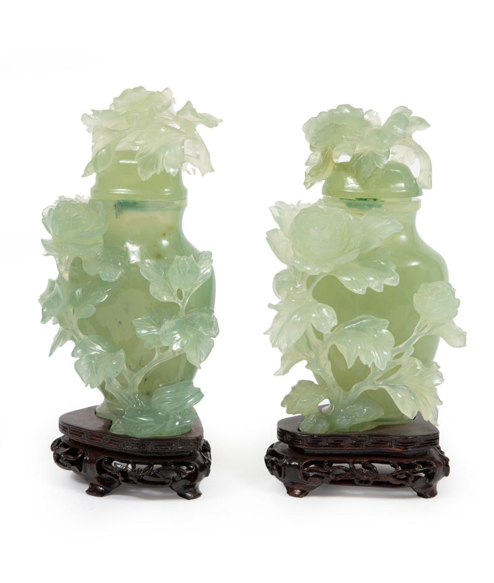 PAIR OF CHINESE HARDSTONE COVERED