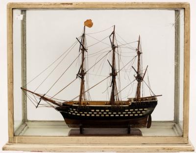 A scale model of a three-masted ship,