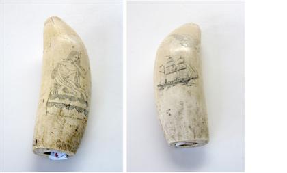 Scrimshaw decorated whale's tooth