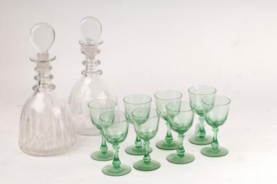 A pair of triple-ring neck decanters