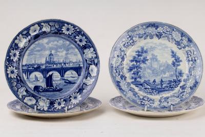 Four English blue and white plates,