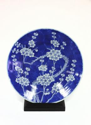 A Japanese blue and white charger, decorated
