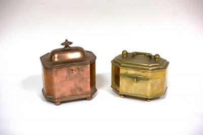 A copper tea caddy of canted rectangular
