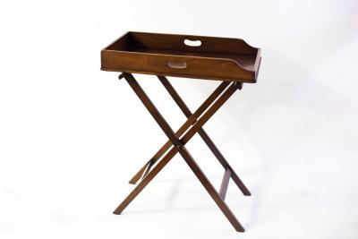 A butlers mahogany tray on stand, 65cm
