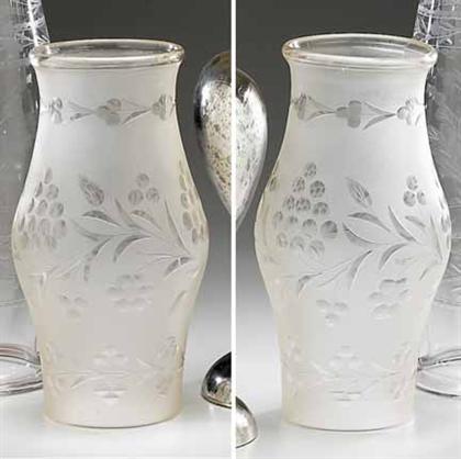 Pair of etched blown glass hurricane