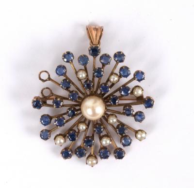 A sapphire and pearl starburst pendant,