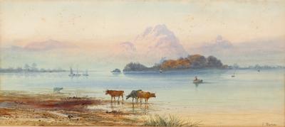 F Pearson/Cattle by a Lake/signed/watercolour,