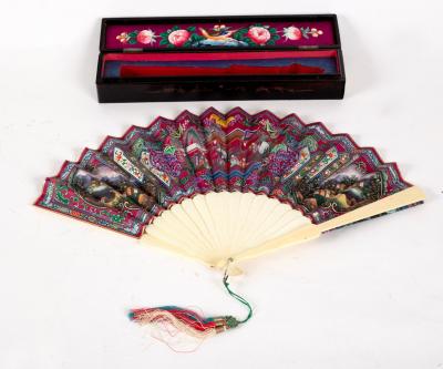 A Chinese painted paper fan, decorated