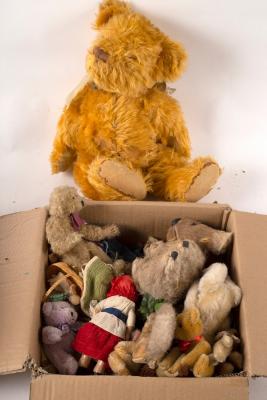 Two boxes of dolls, teddy bears