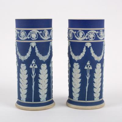 A pair of Wedgwood blue Jasperware cylindrical