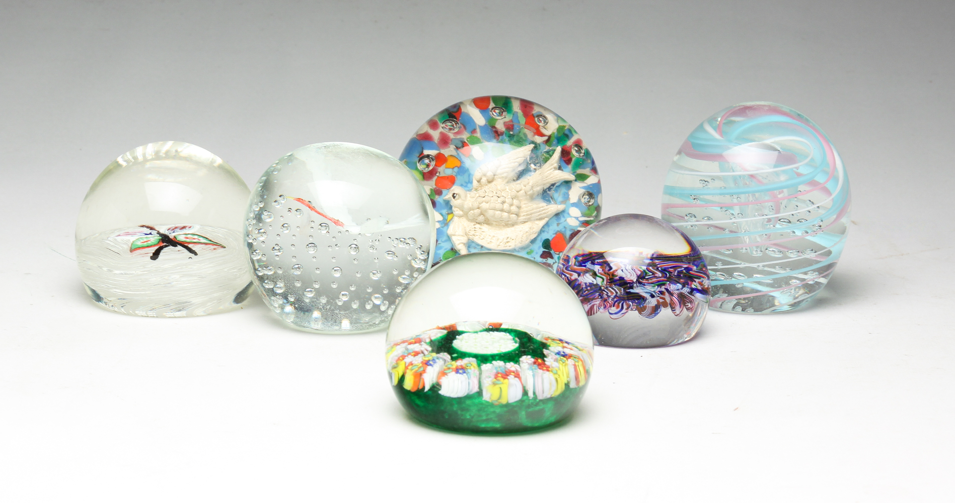 SIX ART GLASS PAPERWEIGHTS. 20th century.