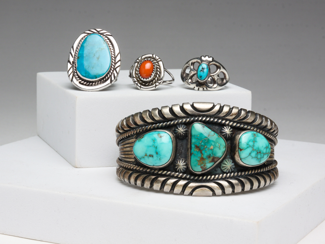 FOUR PIECES STERLING AND TURQUOISE 2dfe19