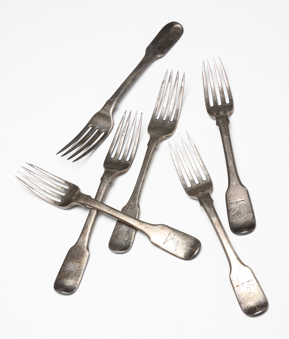 SIX ENGLISH STERLING SILVER FORKS. Dated