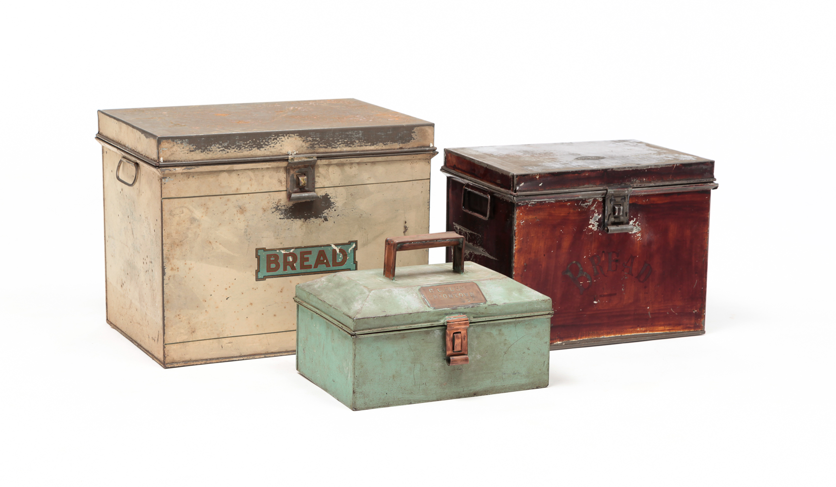 THREE AMERICAN TIN BOXES. Late