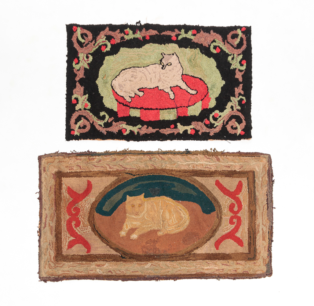 TWO AMERICAN CAT HOOKED RUGS. First