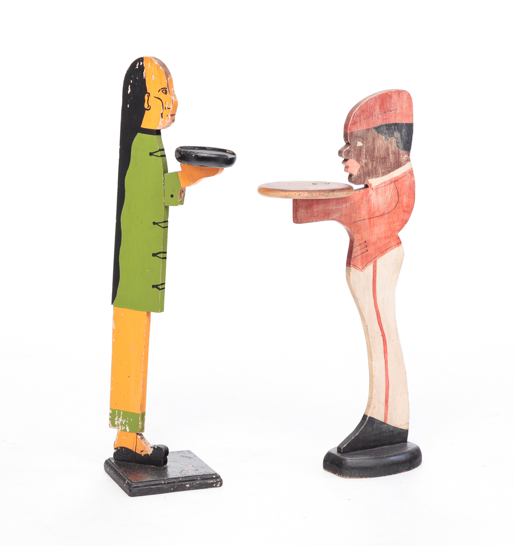 TWO AMERICAN FIGURAL ASHTRAY STANDS.