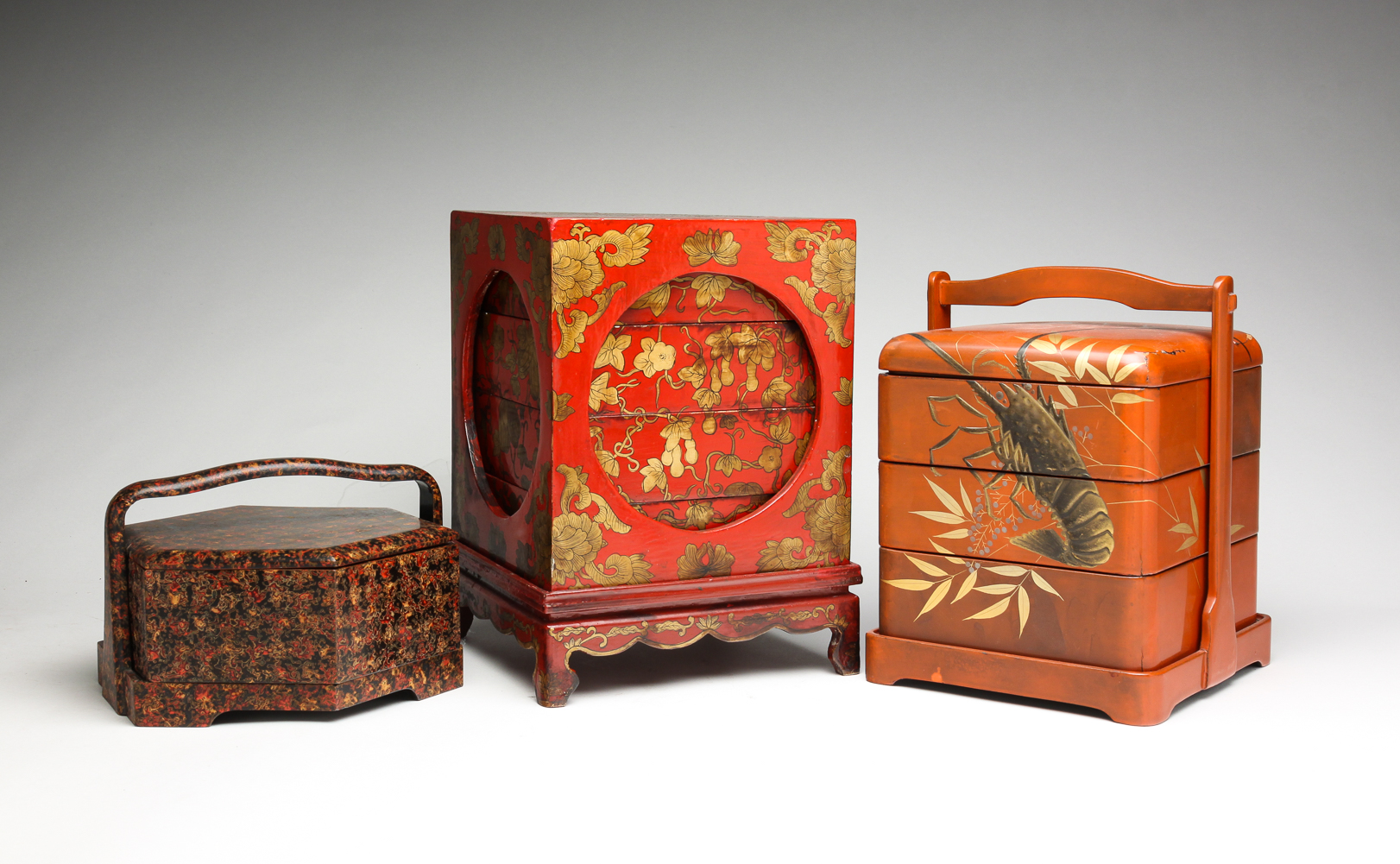 THREE ASIAN LACQUERWARE STACKED