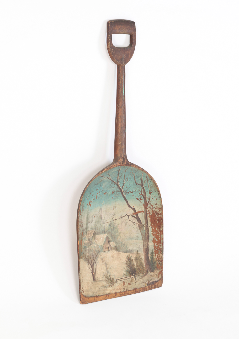 LANDSCAPE PAINTING ON WOODEN SHOVEL.