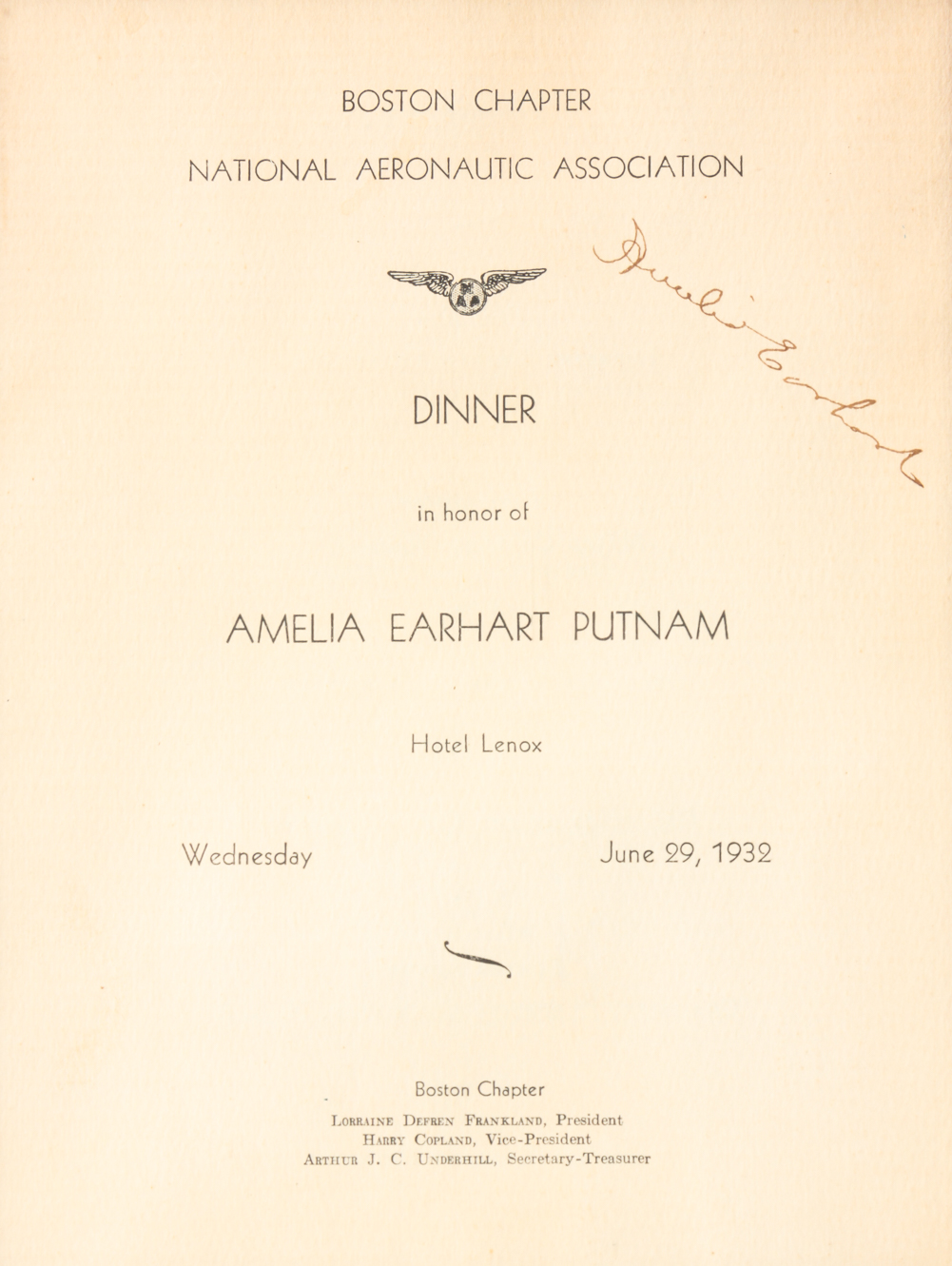 AMELIA EARHART SIGNATURE ON DINNER 2e02d3