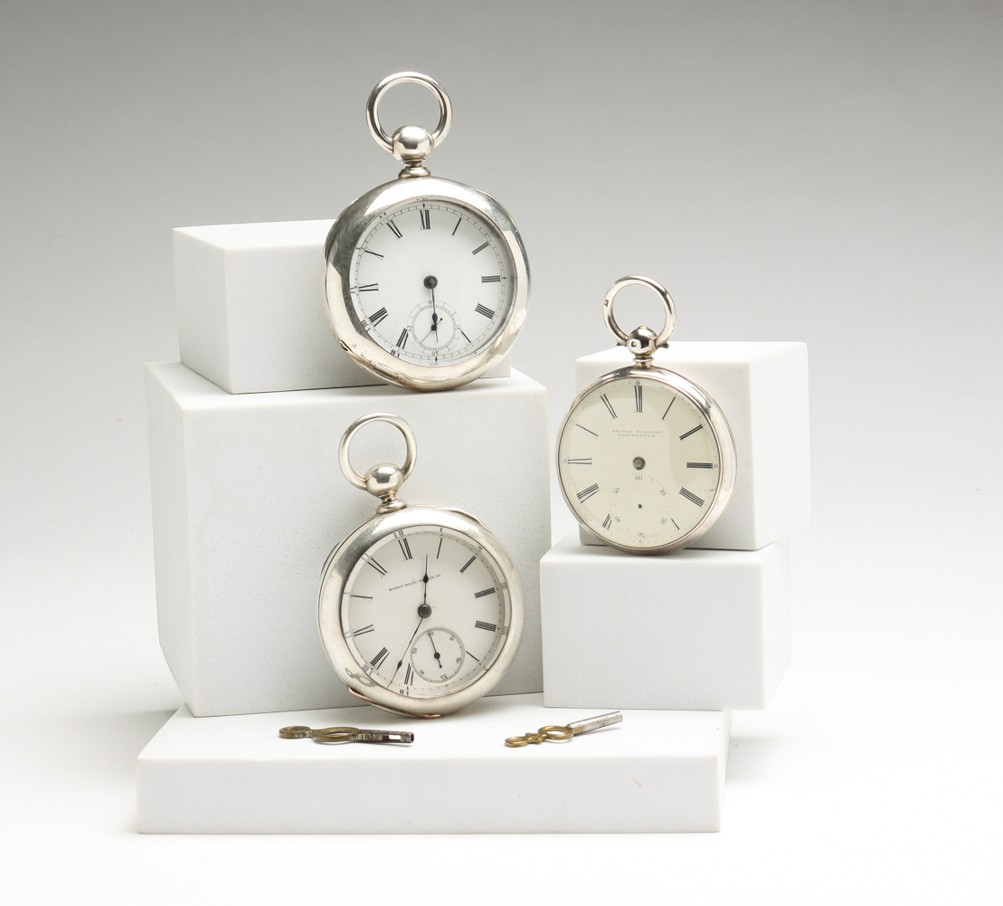 THREE 18 SIZE POCKET WATCHES WITH SILVER