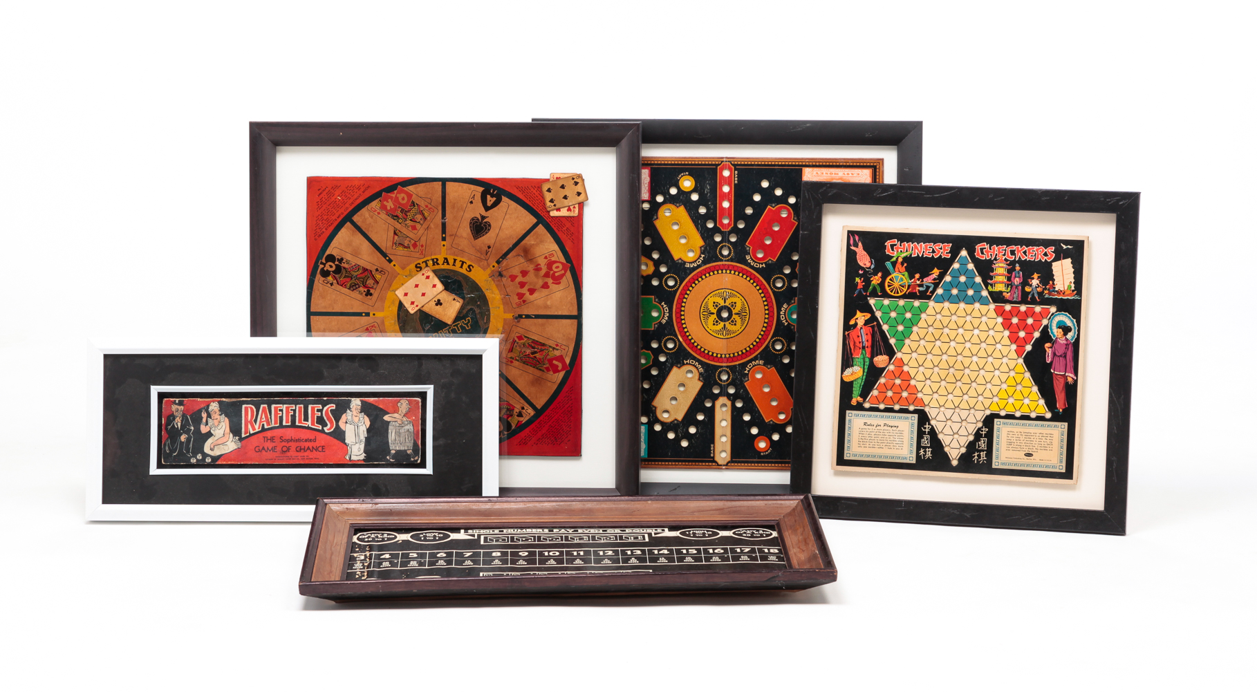 FIVE FRAMED GAME BOARDS AND BOX 2e0367