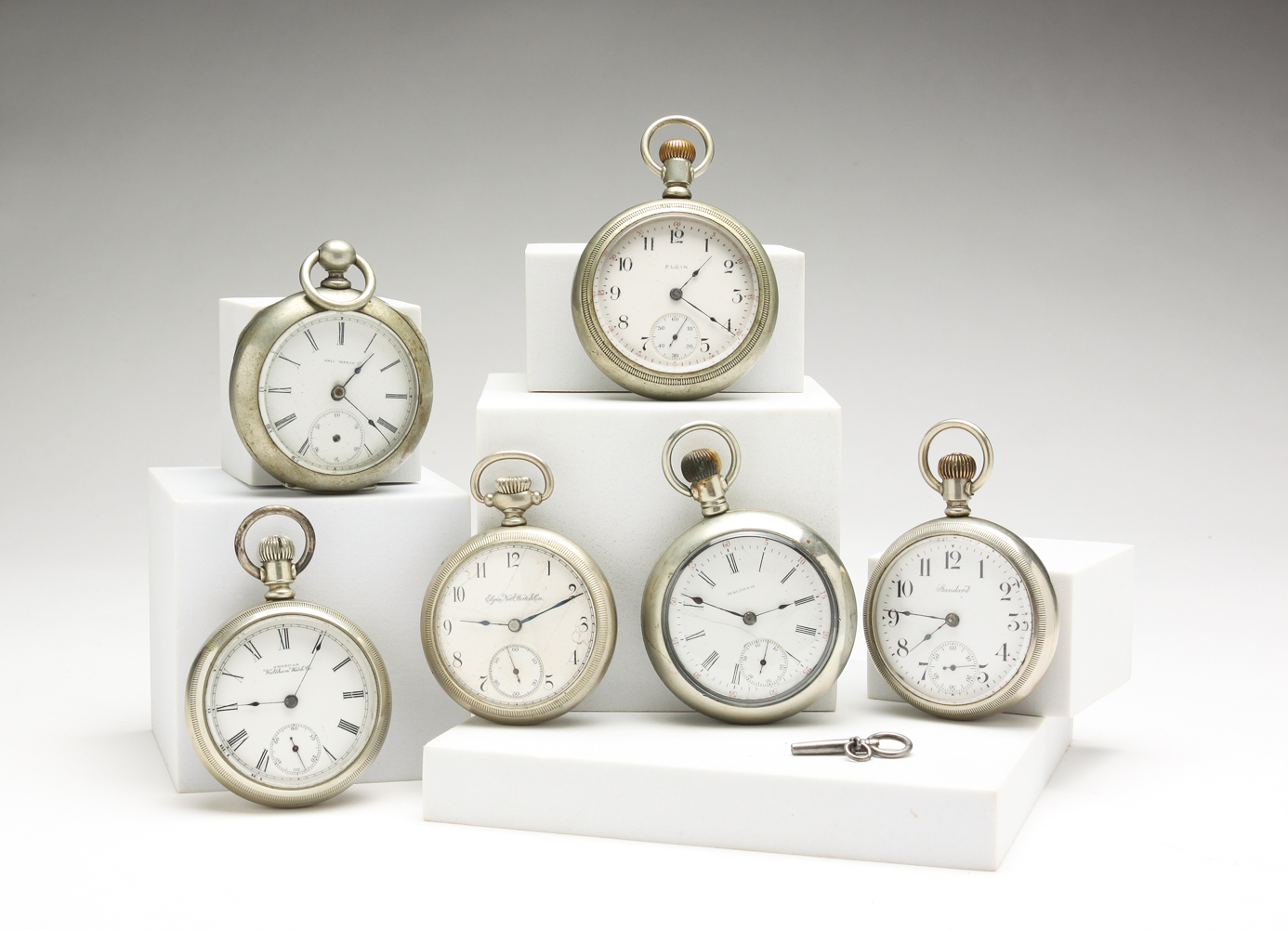 SIX AMERICAN 18 SIZE POCKET WATCHES.