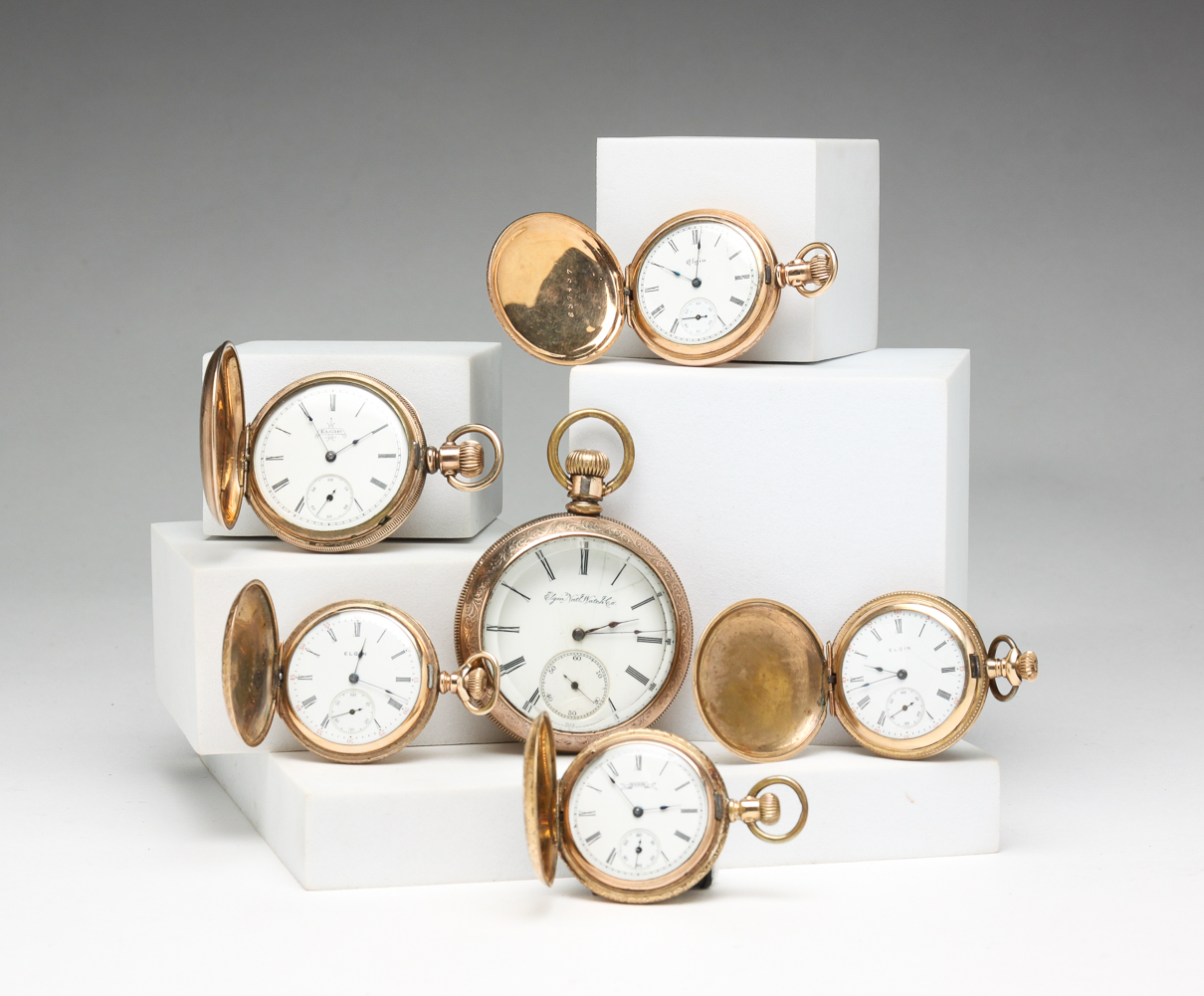 SIX "ELGIN" WATCHES IN GOLD FILLED