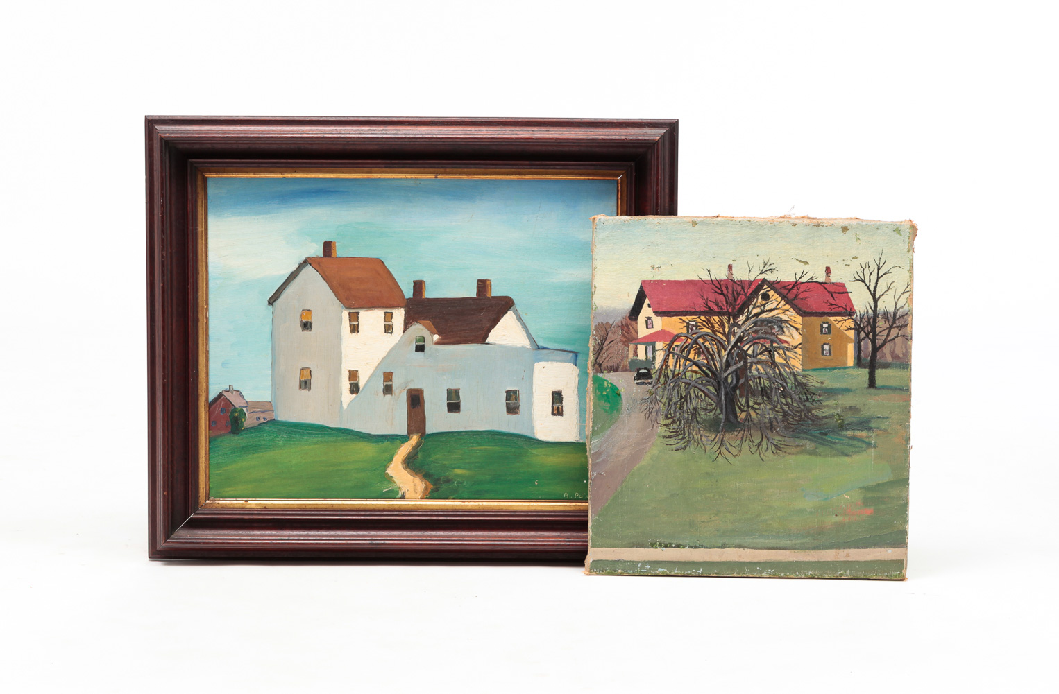 TWO AMERICAN PAINTINGS OF HOUSES.