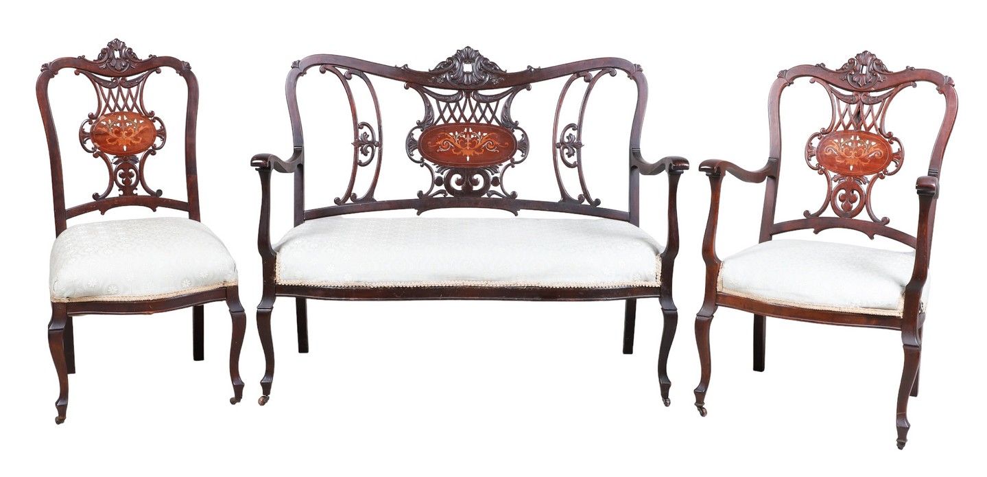 (3) pc French style mahogany inlaid