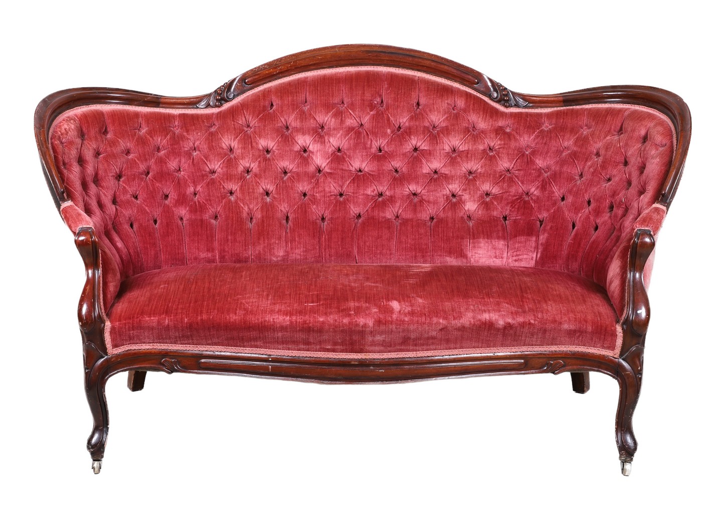 Victorian carved walnut sofa, red tufted