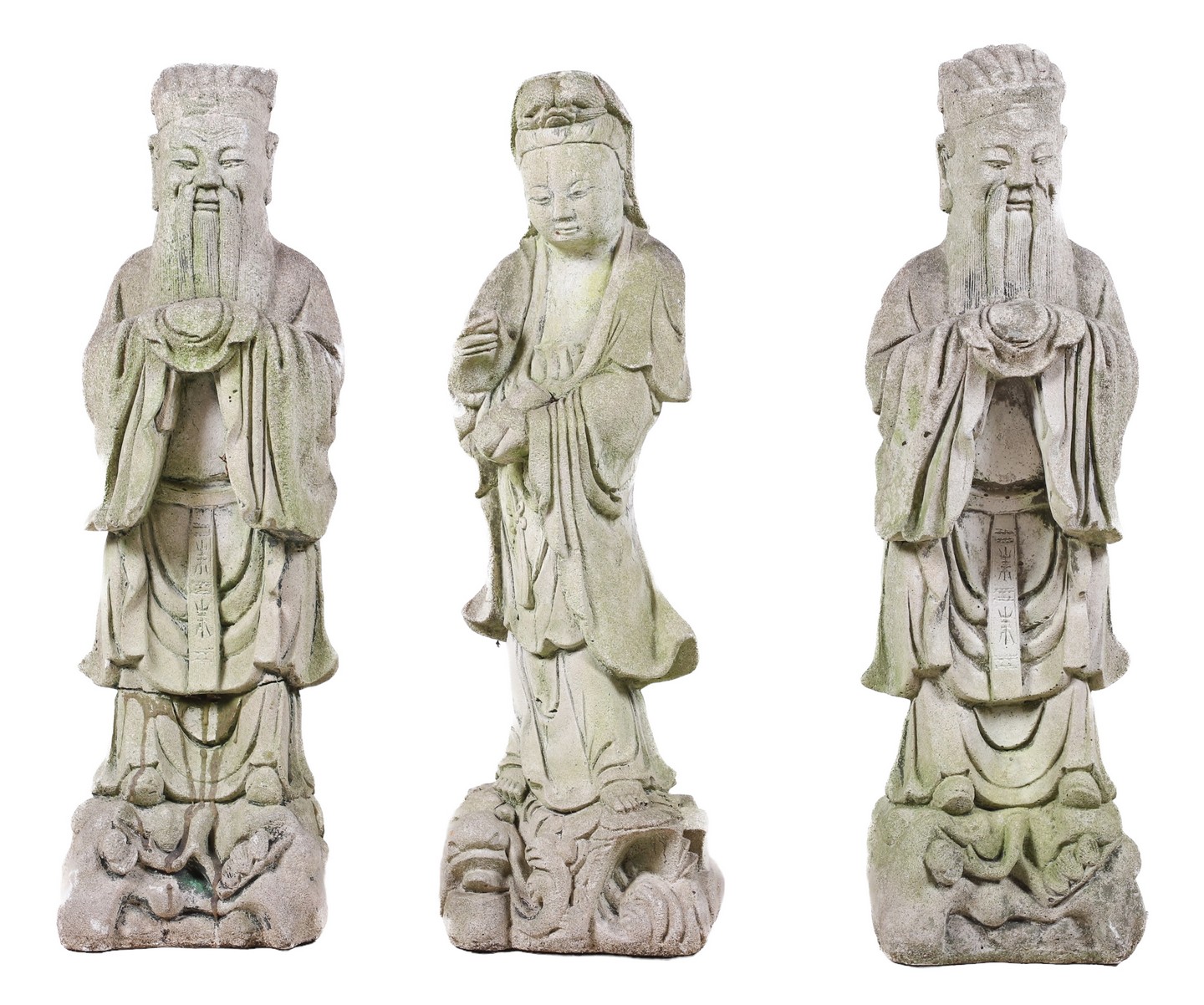 (3) Cement Asian figural statues,