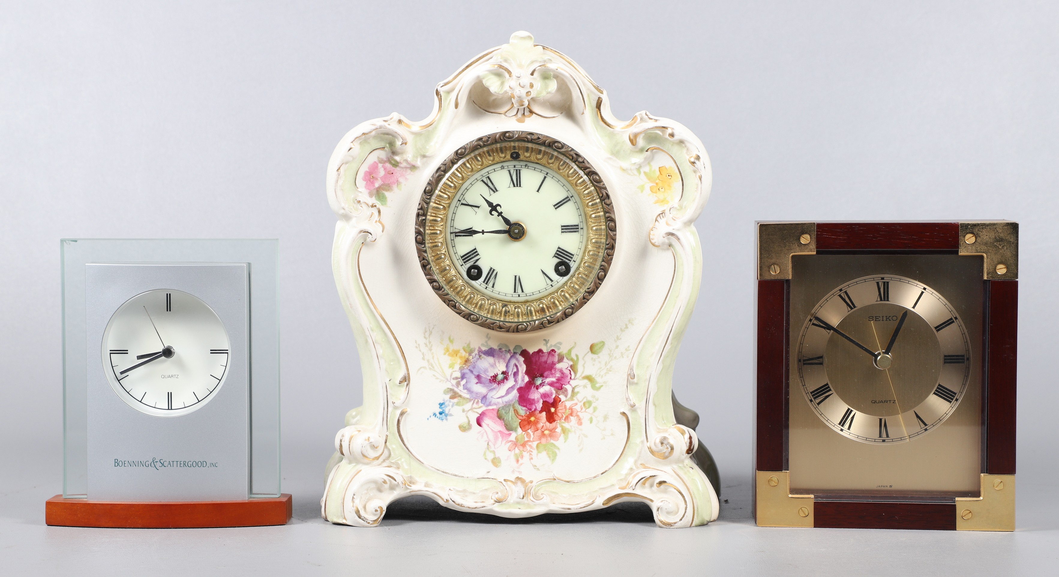 (3) Clocks, c/o porcelain case clock