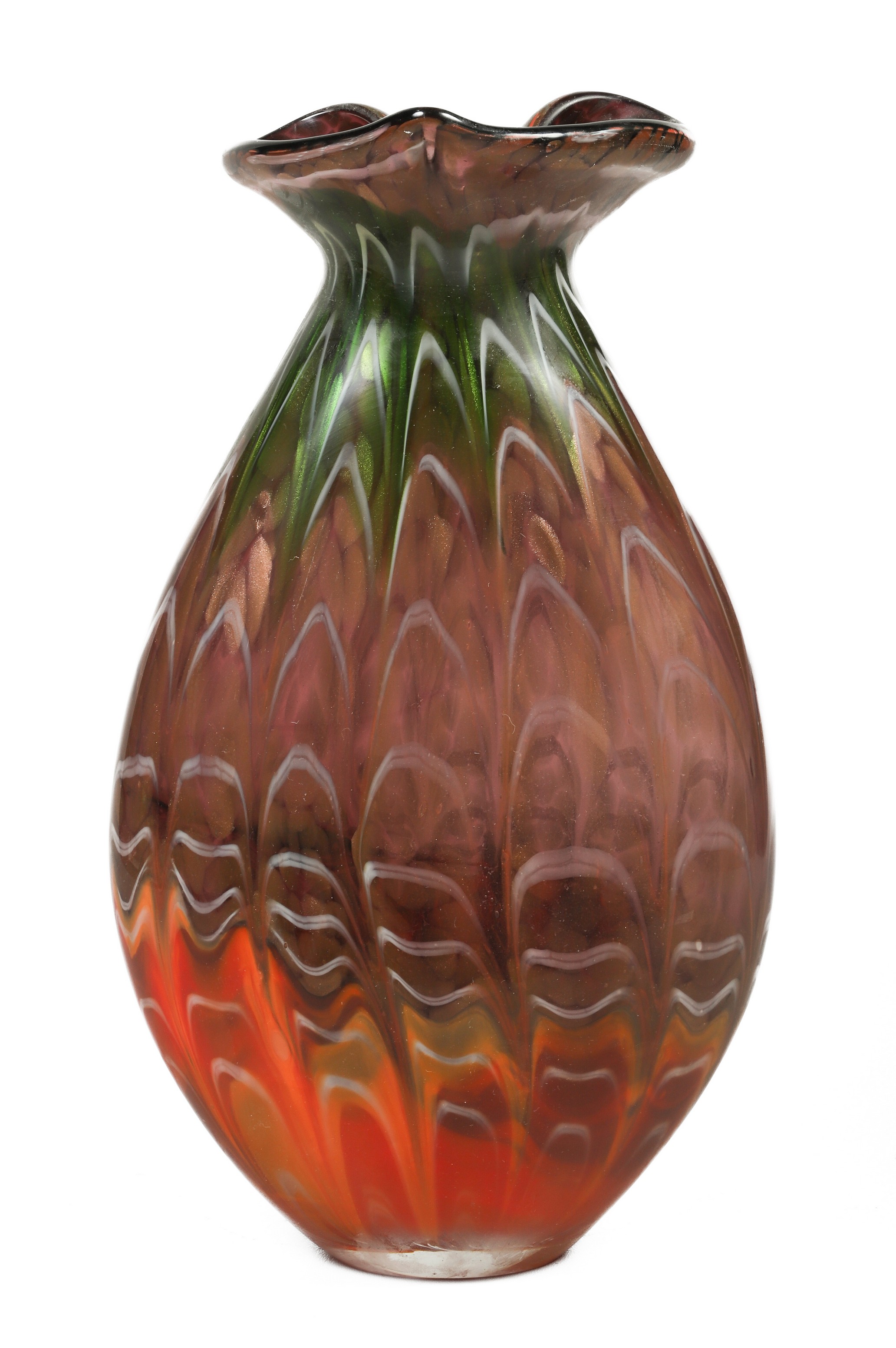 Large art glass vase, pulled feather,