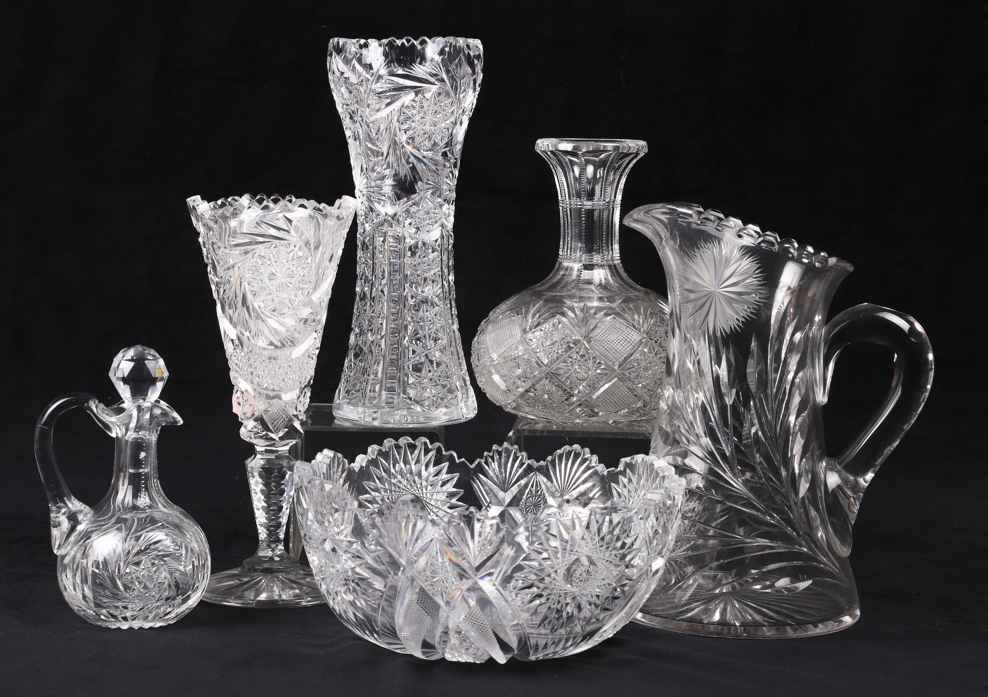 (6) Cut glass vases and vessels to include