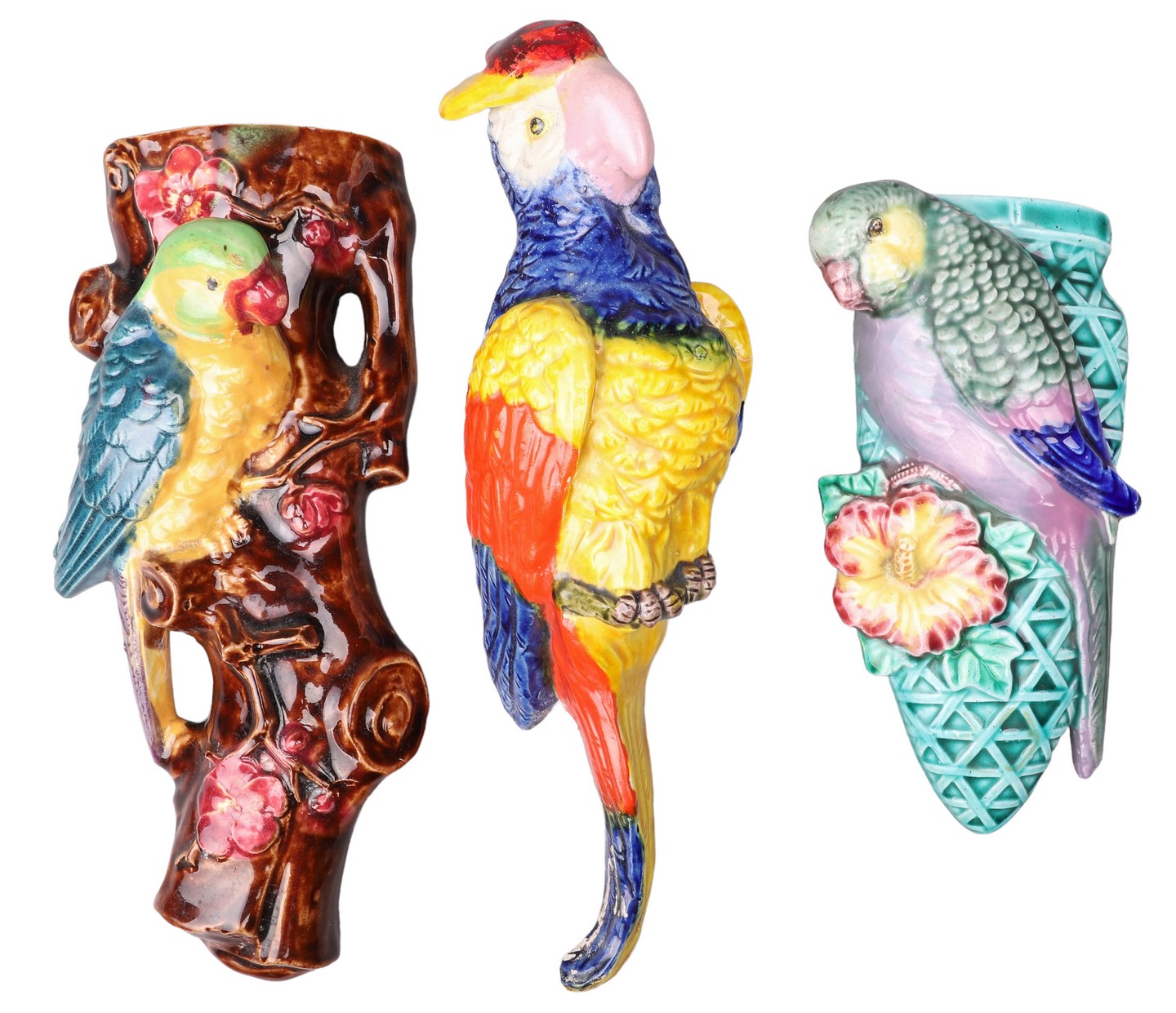 (3) Majolica porcelain parrot wall pockets,