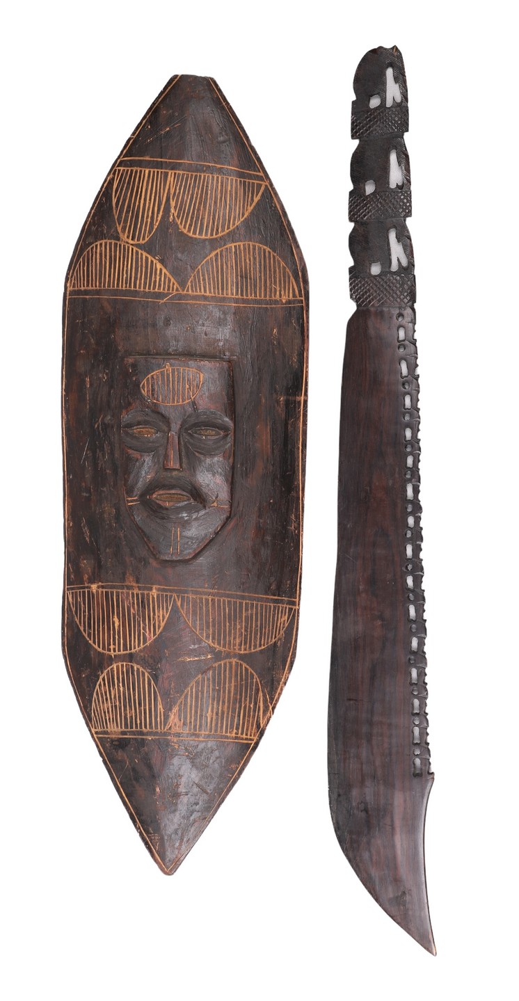 African carved wood shield & machete,