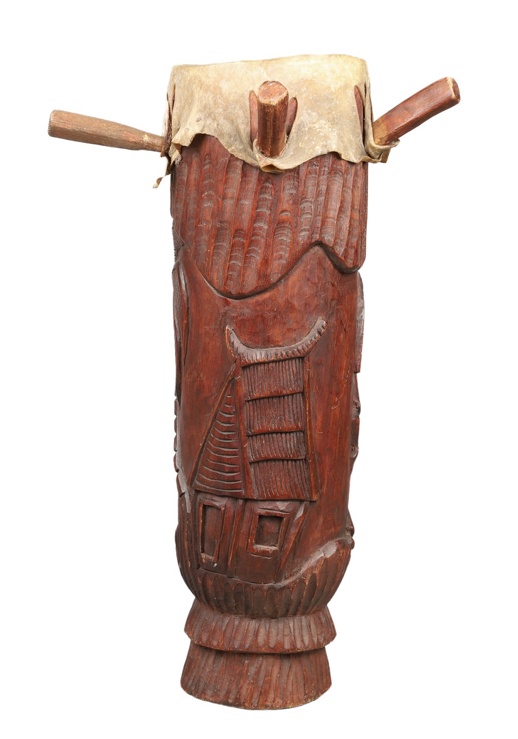 African carved wood drum, hide drum