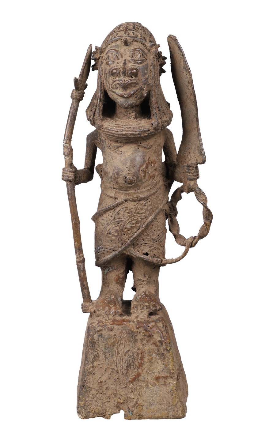 African Benin bronze warrior figure,