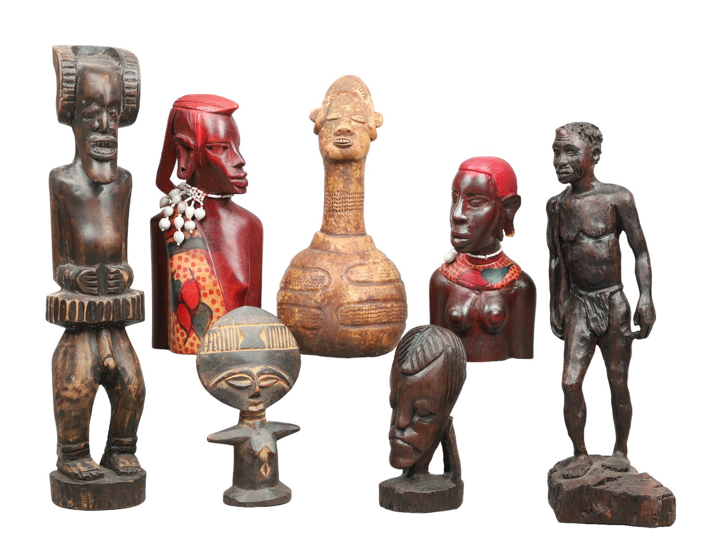 (7) African carved figure group to include