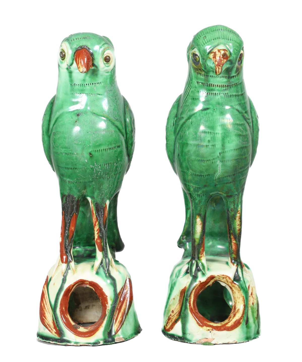 Pair of Chinese pottery parrot bird