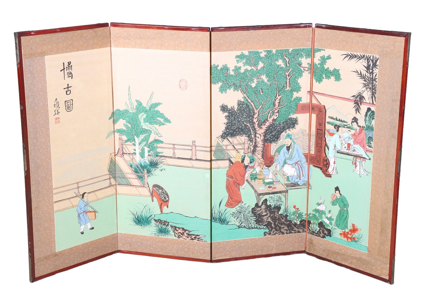 Chinese 4-fold screen, figures in landscape,