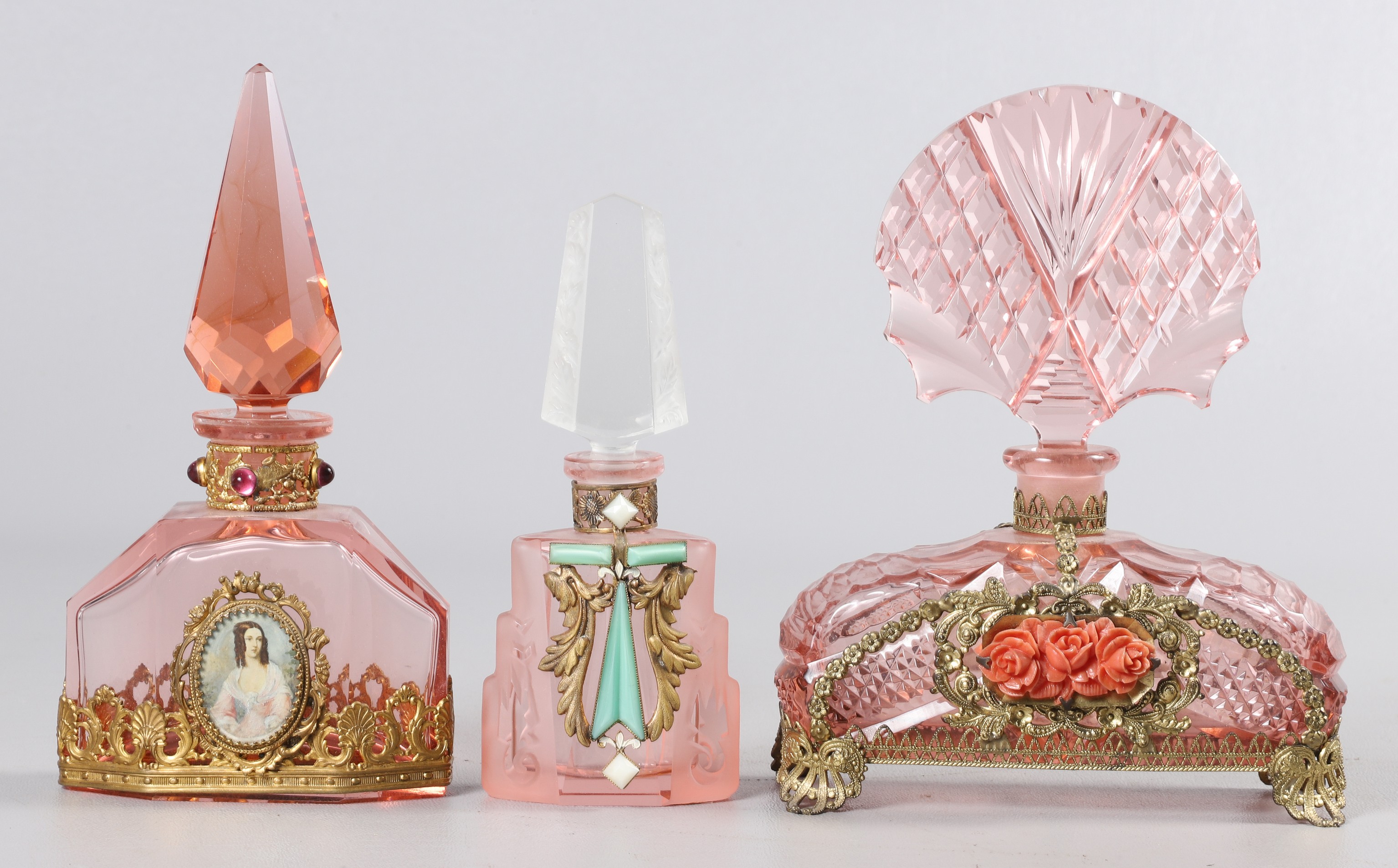 (3) Czech art deco pink scent bottles