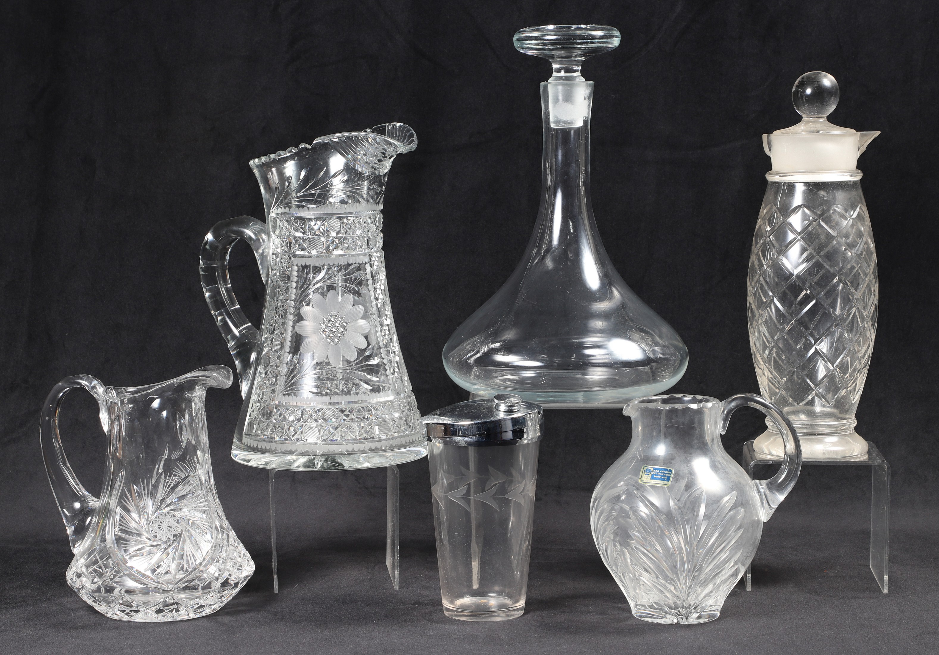 (6) Glass pitchers & decanters,