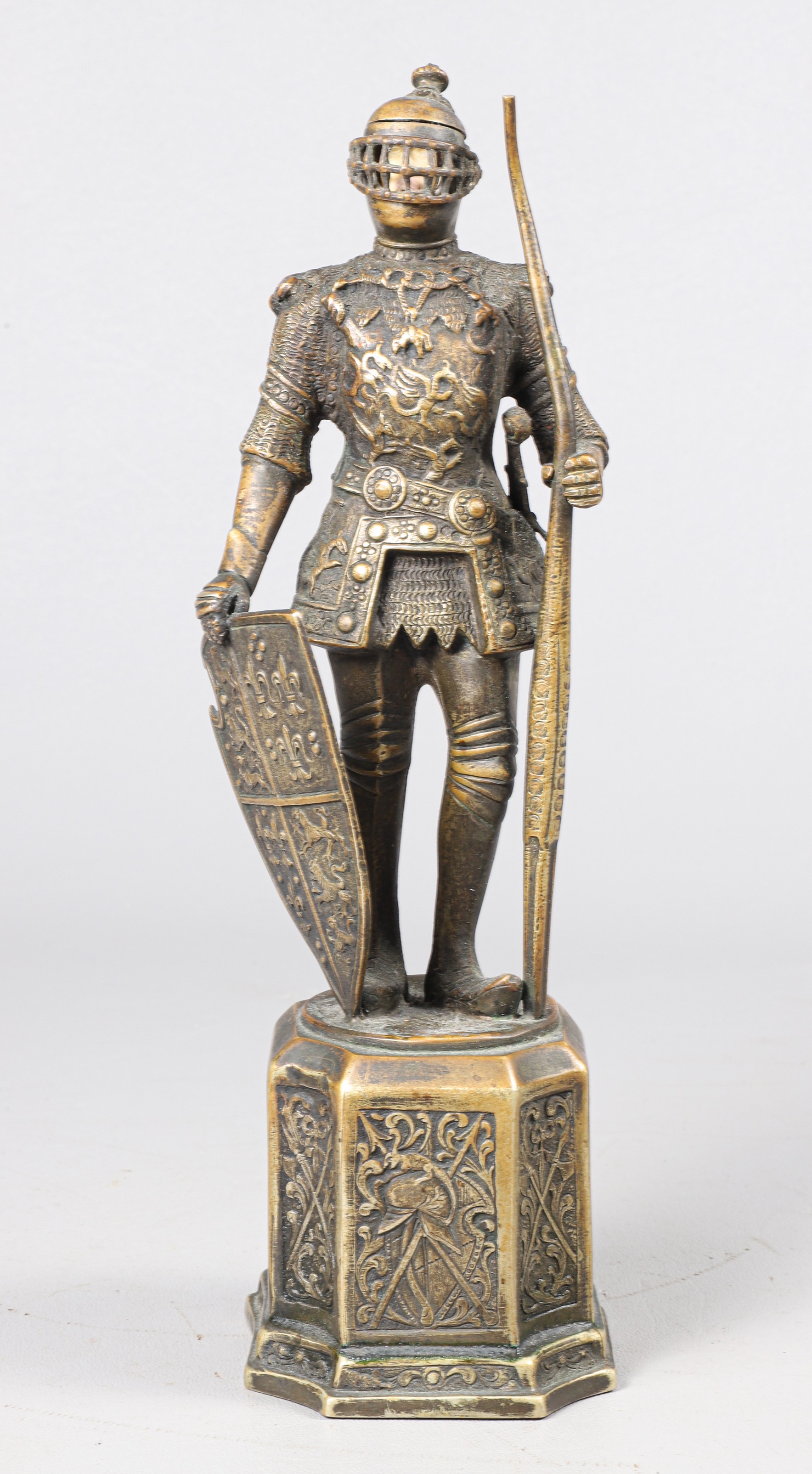 German white metal knight, bronze patina,