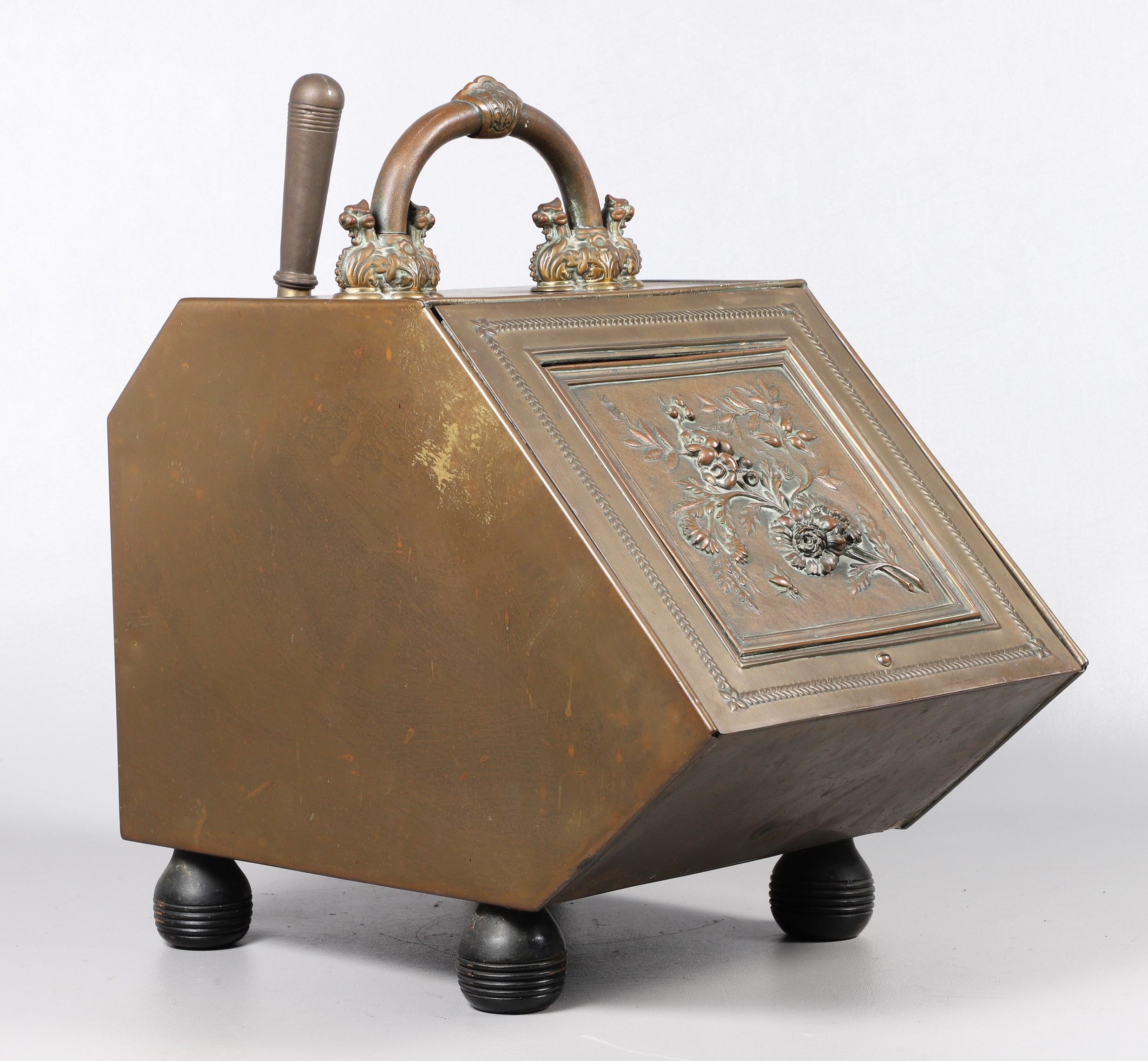 Copper coal box & shovel, embossed